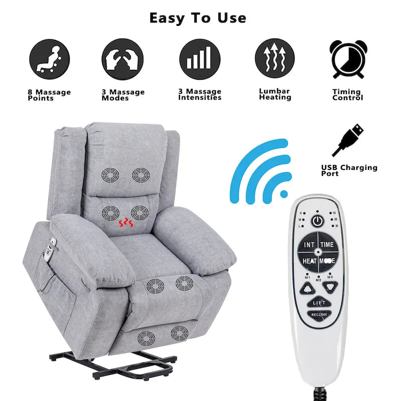 Fauteuil inclinable releveur avec massage, chaleur lombaire et chargement USB