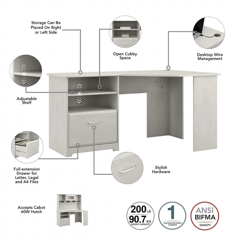Bureau d'angle en L de 60 W avec rangement pour bureau à domicile