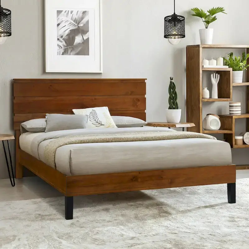 Lit plateforme double en bois massif de style Mid-Century Modern avec tête de lit en trois parties, aucun sommier tapissier requis, marron