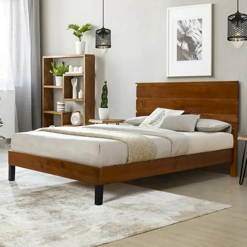 Lit plateforme double en bois massif de style Mid-Century Modern avec tête de lit en trois parties, aucun sommier tapissier requis, marron