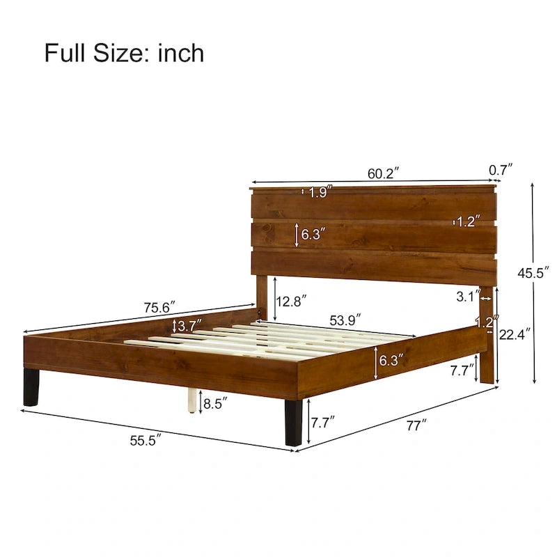 Lit plateforme double en bois massif de style Mid-Century Modern avec tête de lit en trois parties, aucun sommier tapissier requis, marron