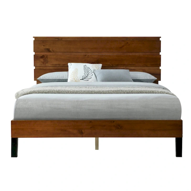 Lit plateforme double en bois massif de style Mid-Century Modern avec tête de lit en trois parties, aucun sommier tapissier requis, marron