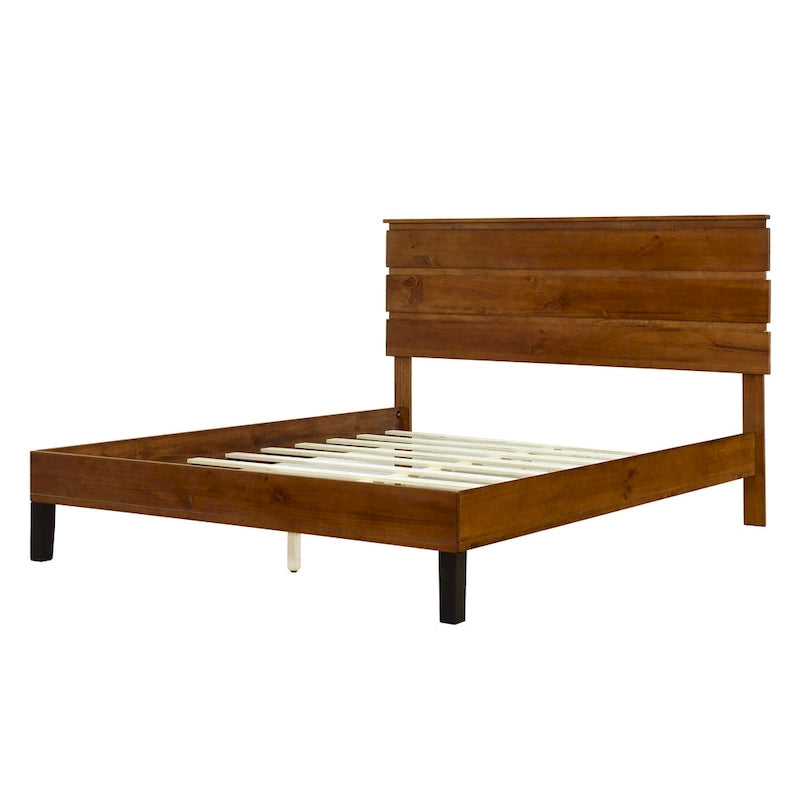 Lit plateforme double en bois massif de style Mid-Century Modern avec tête de lit en trois parties, aucun sommier tapissier requis, marron