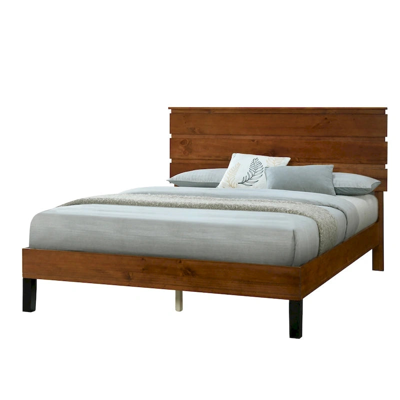 Lit plateforme double en bois massif de style Mid-Century Modern avec tête de lit en trois parties, aucun sommier tapissier requis, marron