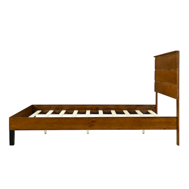Lit plateforme double en bois massif de style Mid-Century Modern avec tête de lit en trois parties, aucun sommier tapissier requis, marron