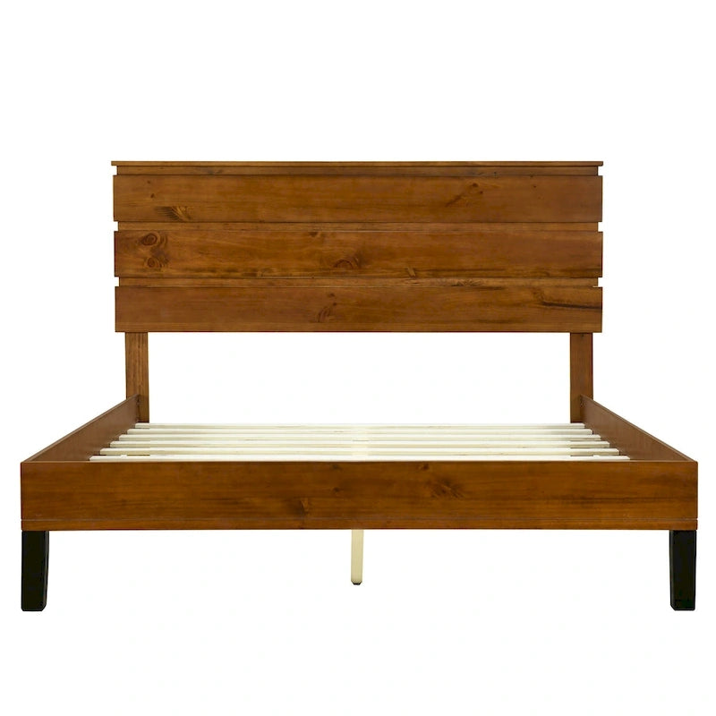 Lit plateforme double en bois massif de style Mid-Century Modern avec tête de lit en trois parties, aucun sommier tapissier requis, marron