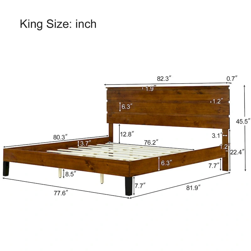 Lit plateforme double en bois massif de style Mid-Century Modern avec tête de lit en trois parties, aucun sommier tapissier requis, marron