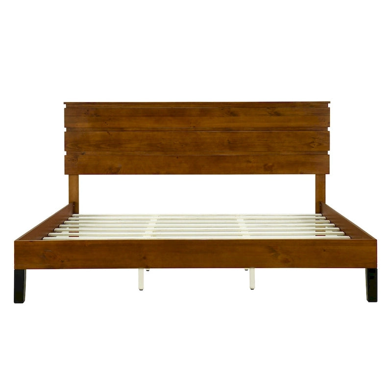 Lit plateforme double en bois massif de style Mid-Century Modern avec tête de lit en trois parties, aucun sommier tapissier requis, marron