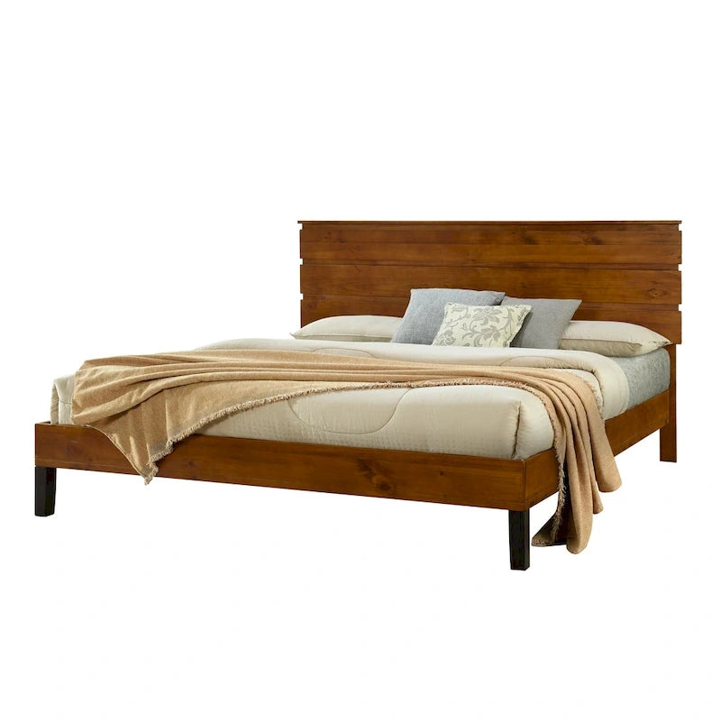 Lit plateforme double en bois massif de style Mid-Century Modern avec tête de lit en trois parties, aucun sommier tapissier requis, marron