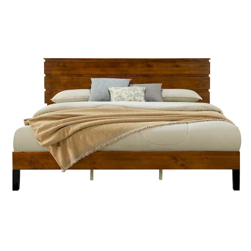 Lit plateforme double en bois massif de style Mid-Century Modern avec tête de lit en trois parties, aucun sommier tapissier requis, marron