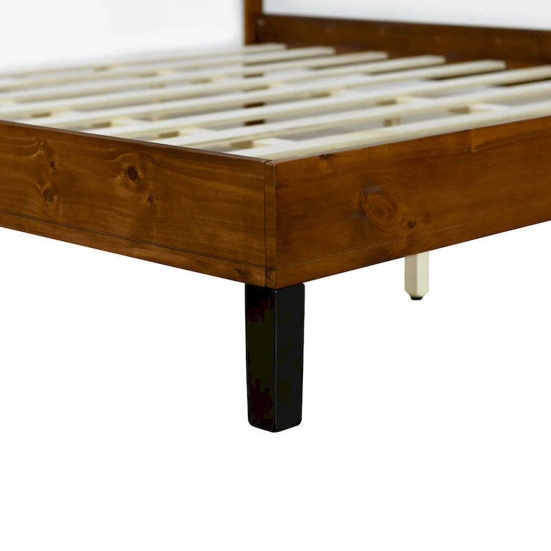Lit plateforme double en bois massif de style Mid-Century Modern avec tête de lit en trois parties, aucun sommier tapissier requis, marron