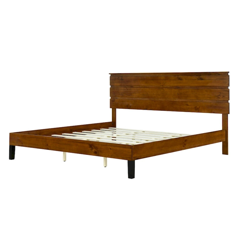 Lit plateforme double en bois massif de style Mid-Century Modern avec tête de lit en trois parties, aucun sommier tapissier requis, marron