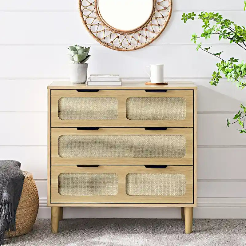 Commode de ferme en rotin à 3 tiroirs, grande commode en bois avec poignées en métal
