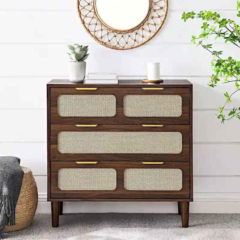 Commode de ferme en rotin à 3 tiroirs, grande commode en bois avec poignées en métal