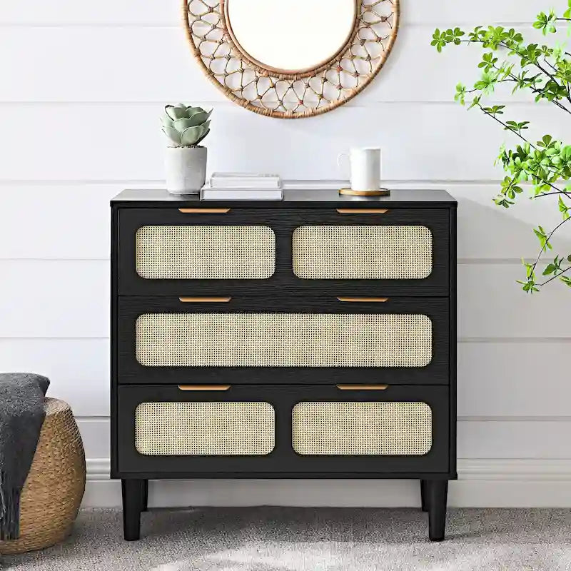 Commode de ferme en rotin à 3 tiroirs, grande commode en bois avec poignées en métal