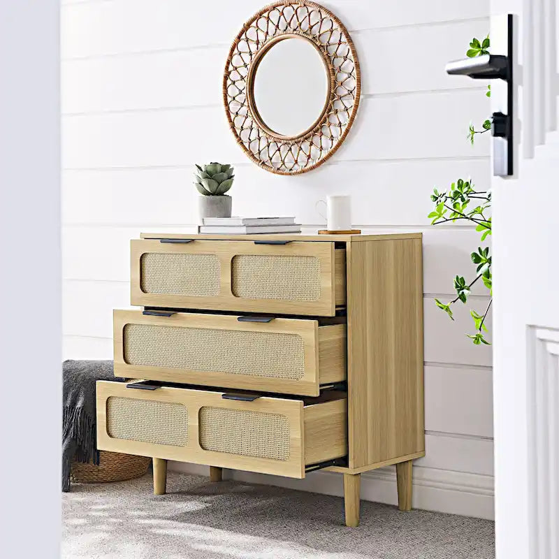 Commode de ferme en rotin à 3 tiroirs, grande commode en bois avec poignées en métal