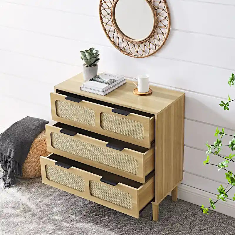 Commode de ferme en rotin à 3 tiroirs, grande commode en bois avec poignées en métal