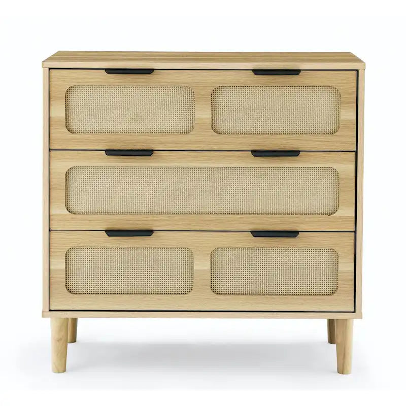 Commode de ferme en rotin à 3 tiroirs, grande commode en bois avec poignées en métal