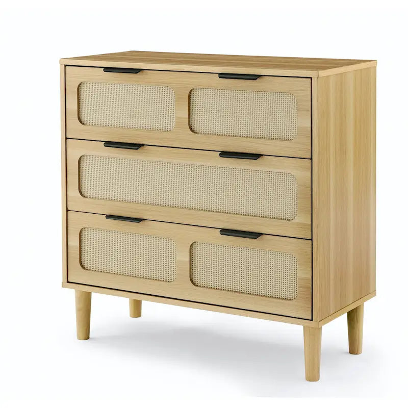 Commode de ferme en rotin à 3 tiroirs, grande commode en bois avec poignées en métal