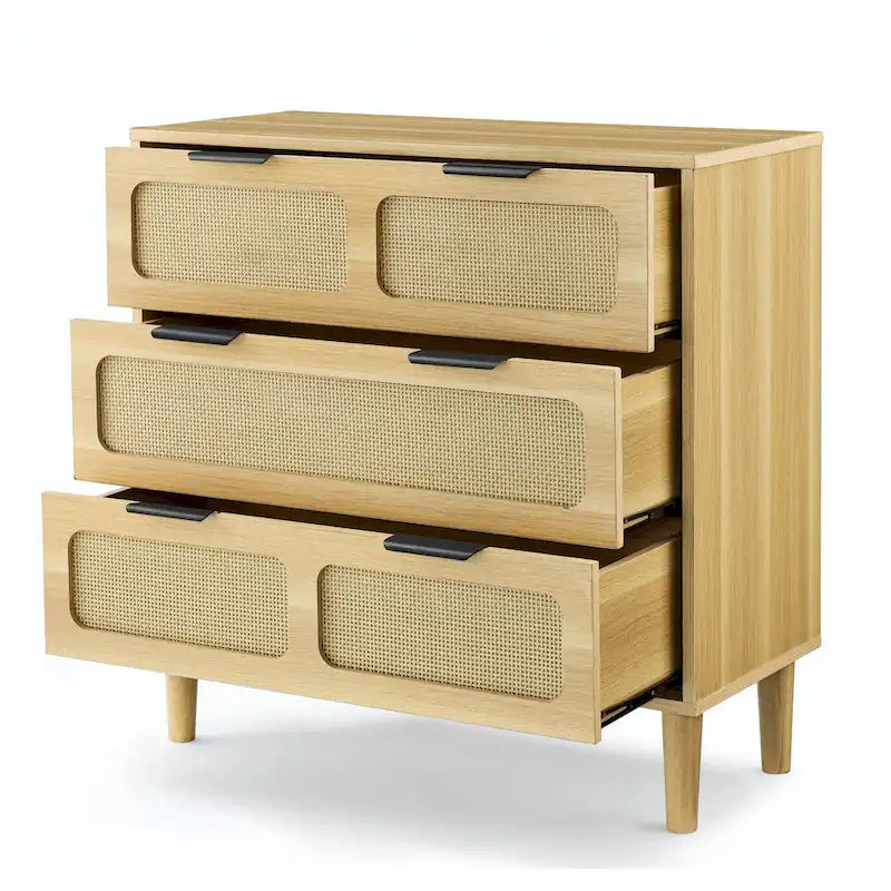 Commode de ferme en rotin à 3 tiroirs, grande commode en bois avec poignées en métal