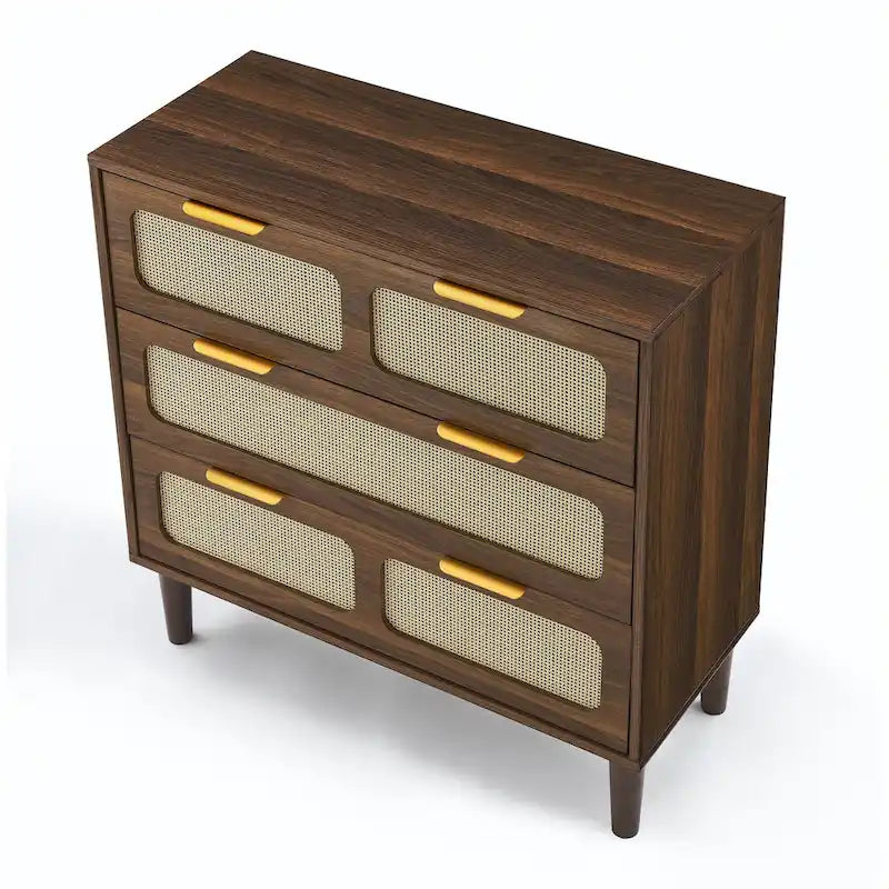 Commode de ferme en rotin à 3 tiroirs, grande commode en bois avec poignées en métal