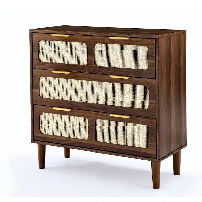 Commode de ferme en rotin à 3 tiroirs, grande commode en bois avec poignées en métal