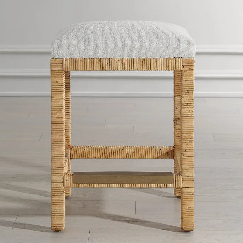Tabouret de comptoir en rotin tressé à la main avec plaque de protection en métal doré antique