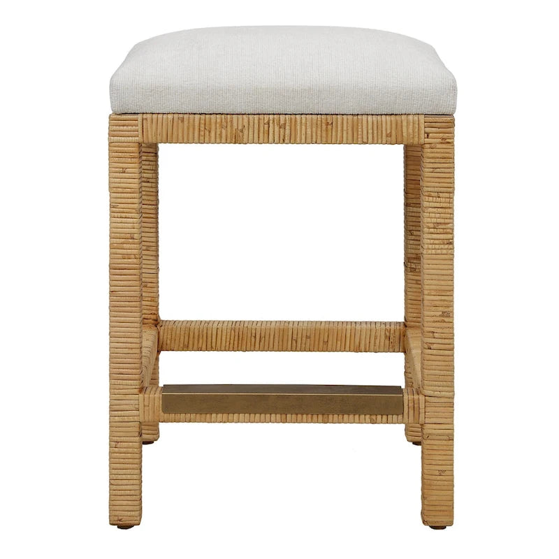 Tabouret de comptoir en rotin tressé à la main avec plaque de protection en métal doré antique
