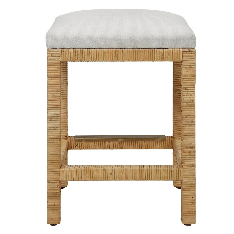 Tabouret de comptoir en rotin tressé à la main avec plaque de protection en métal doré antique