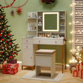 Coiffeuse avec miroir LED, station de charge et tabouret
