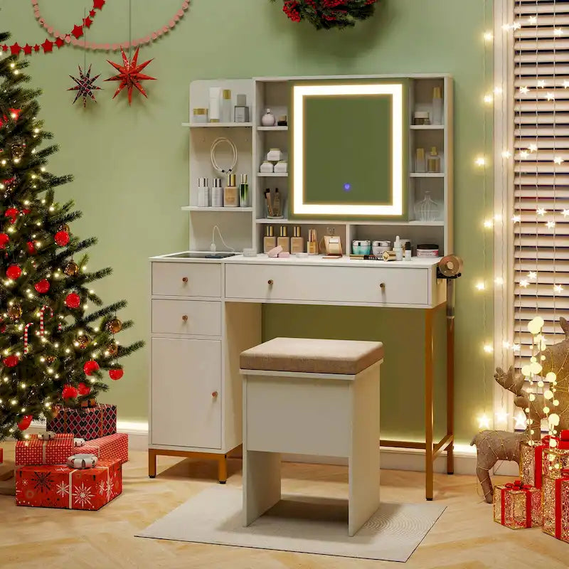 Coiffeuse avec miroir LED, station de charge et tabouret