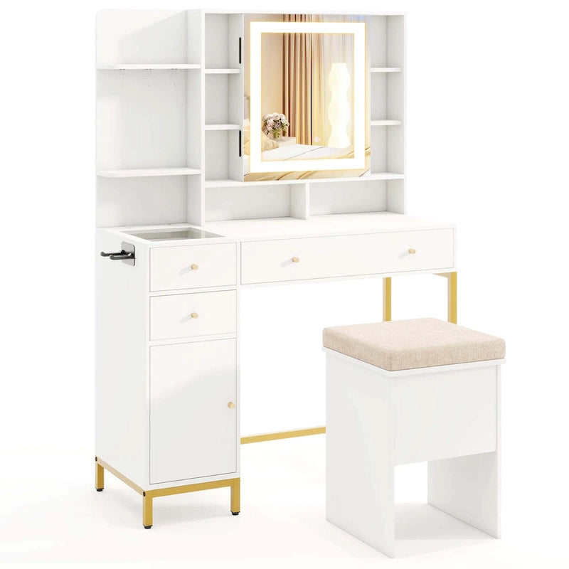 Coiffeuse avec miroir LED, station de charge et tabouret