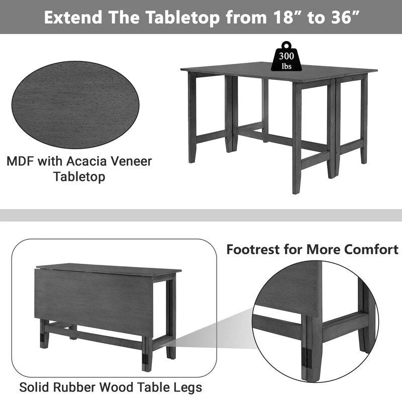 Table de salle à manger rustique à abattants – Design de ferme peu encombrant avec plateau en bois extensible – 47,00 po l. x 36,00 po P x 30,00 po H