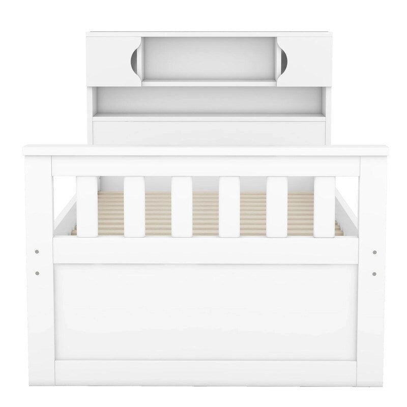 Lit plateforme capitaine double avec 4 tiroirs et tête de lit bibliothèque de rangement, cadre de lit en bois massif avec étagères de rangement