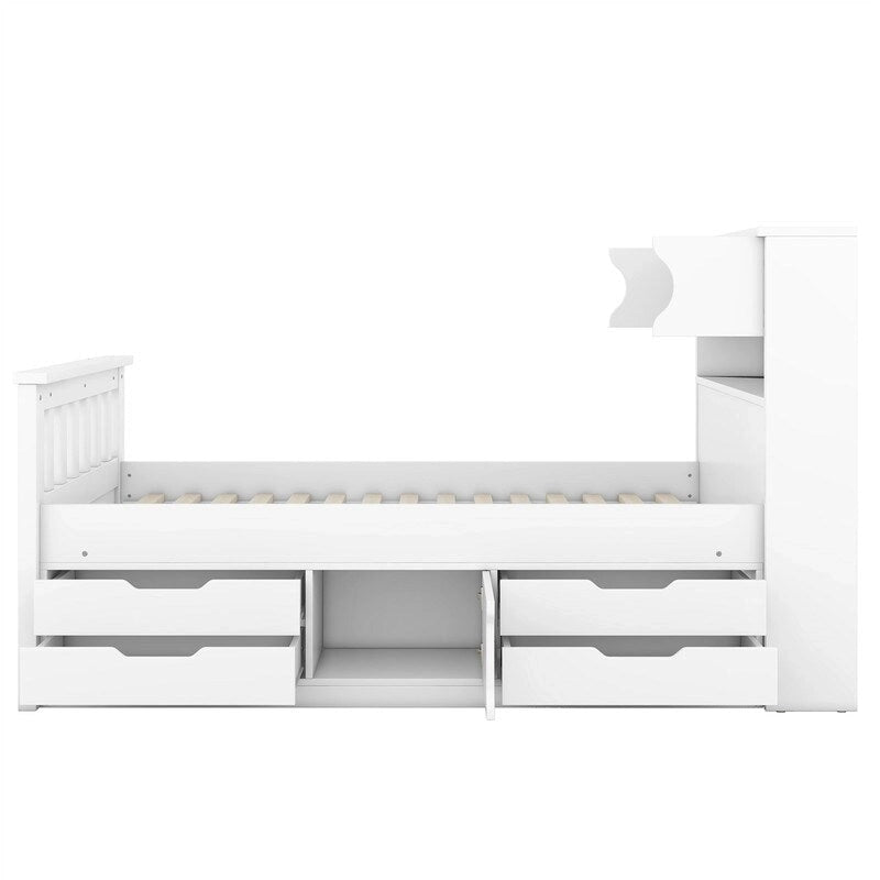 Lit plateforme capitaine double avec 4 tiroirs et tête de lit bibliothèque de rangement, cadre de lit en bois massif avec étagères de rangement