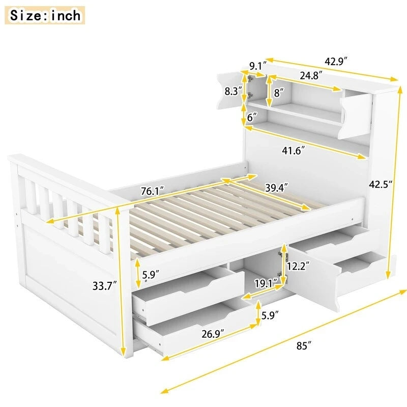 Lit plateforme capitaine double avec 4 tiroirs et tête de lit bibliothèque de rangement, cadre de lit en bois massif avec étagères de rangement