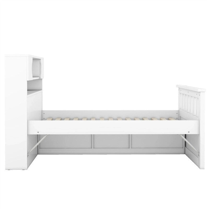 Lit plateforme capitaine double avec 4 tiroirs et tête de lit bibliothèque de rangement, cadre de lit en bois massif avec étagères de rangement