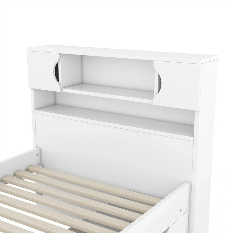 Lit plateforme capitaine double avec 4 tiroirs et tête de lit bibliothèque de rangement, cadre de lit en bois massif avec étagères de rangement