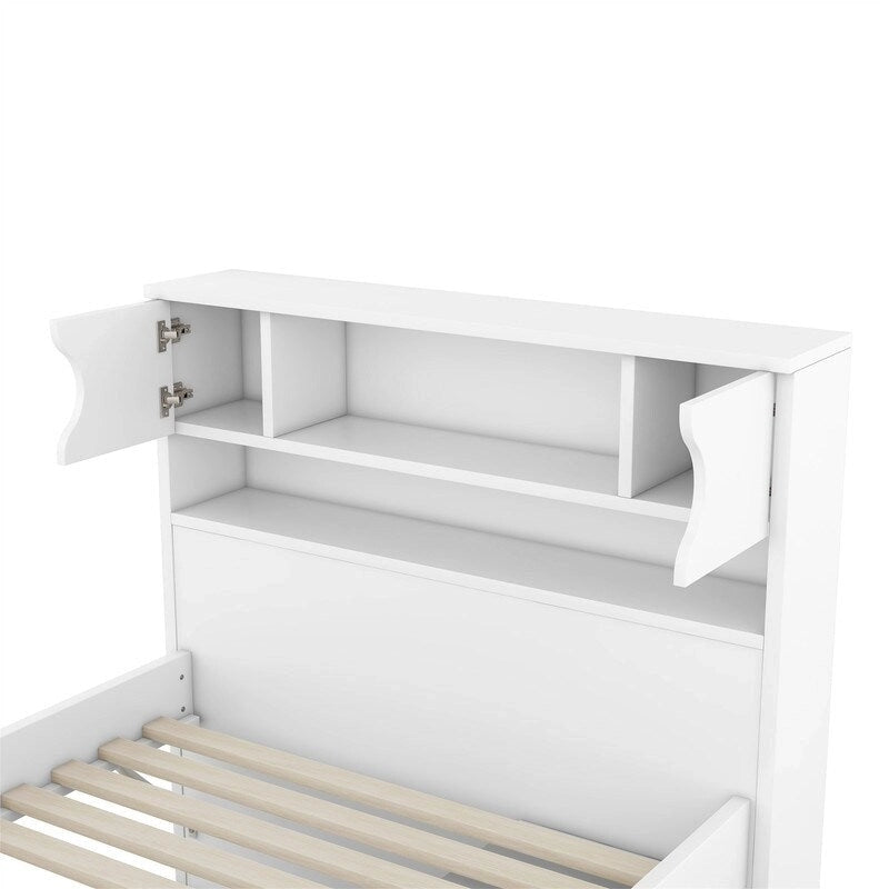 Lit plateforme capitaine double avec 4 tiroirs et tête de lit bibliothèque de rangement, cadre de lit en bois massif avec étagères de rangement