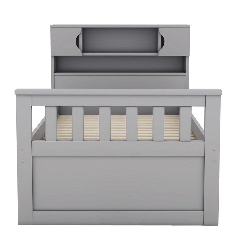 Lit plateforme capitaine double avec 4 tiroirs et tête de lit bibliothèque de rangement, cadre de lit en bois massif avec étagères de rangement