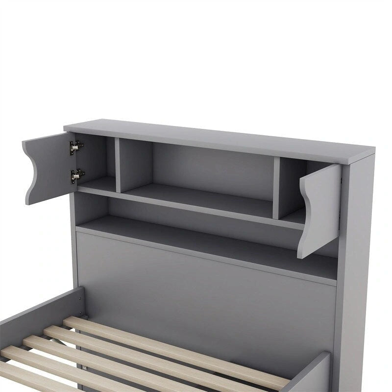 Lit plateforme capitaine double avec 4 tiroirs et tête de lit bibliothèque de rangement, cadre de lit en bois massif avec étagères de rangement