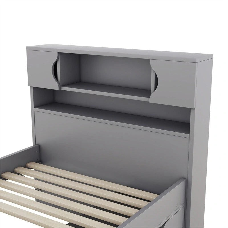 Lit plateforme capitaine double avec 4 tiroirs et tête de lit bibliothèque de rangement, cadre de lit en bois massif avec étagères de rangement