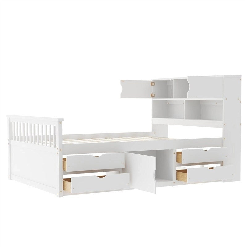Lit plateforme capitaine double avec 4 tiroirs et tête de lit bibliothèque de rangement, cadre de lit en bois massif avec étagères de rangement