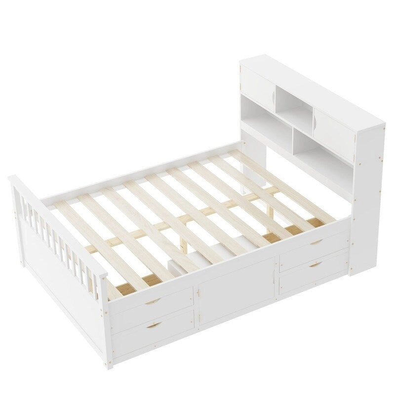 Lit plateforme capitaine double avec 4 tiroirs et tête de lit bibliothèque de rangement, cadre de lit en bois massif avec étagères de rangement