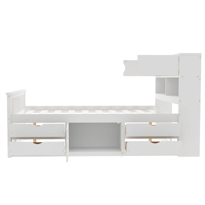 Lit plateforme capitaine double avec 4 tiroirs et tête de lit bibliothèque de rangement, cadre de lit en bois massif avec étagères de rangement