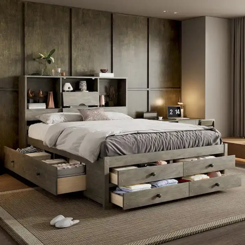 Lit Plateforme Moderne en Bois avec Tête de Lit Rangement et 8 Tiroirs pour Chambre à Coucher
