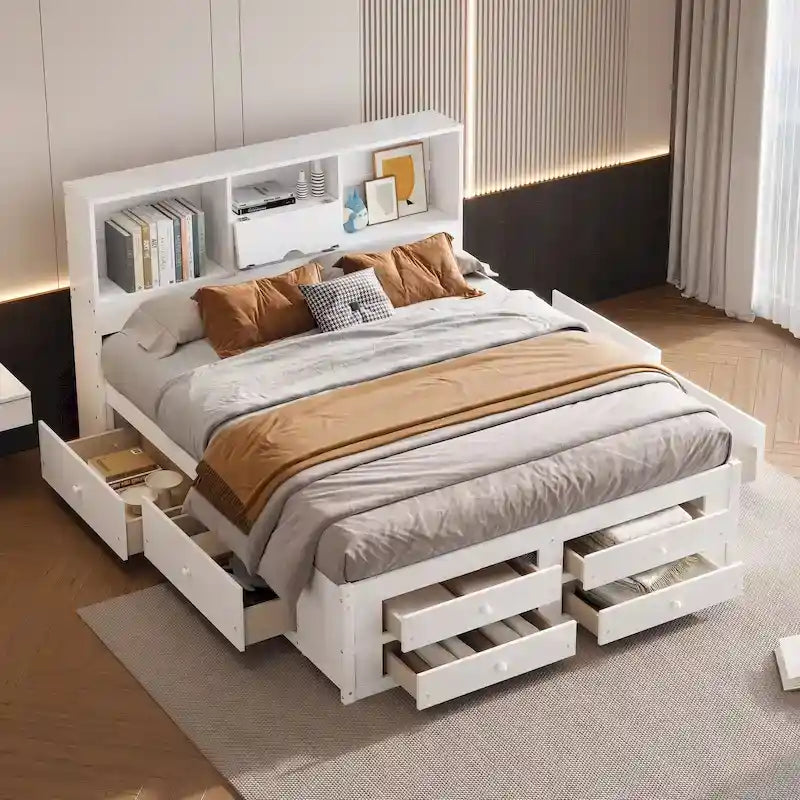 Lit Plateforme Moderne en Bois avec Tête de Lit Rangement et 8 Tiroirs pour Chambre à Coucher