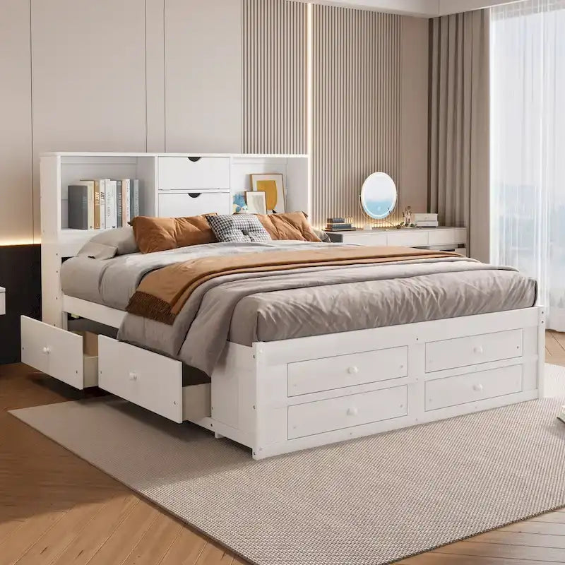 Lit Plateforme Moderne en Bois avec Tête de Lit Rangement et 8 Tiroirs pour Chambre à Coucher