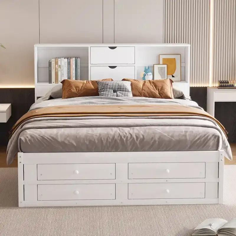 Lit Plateforme Moderne en Bois avec Tête de Lit Rangement et 8 Tiroirs pour Chambre à Coucher