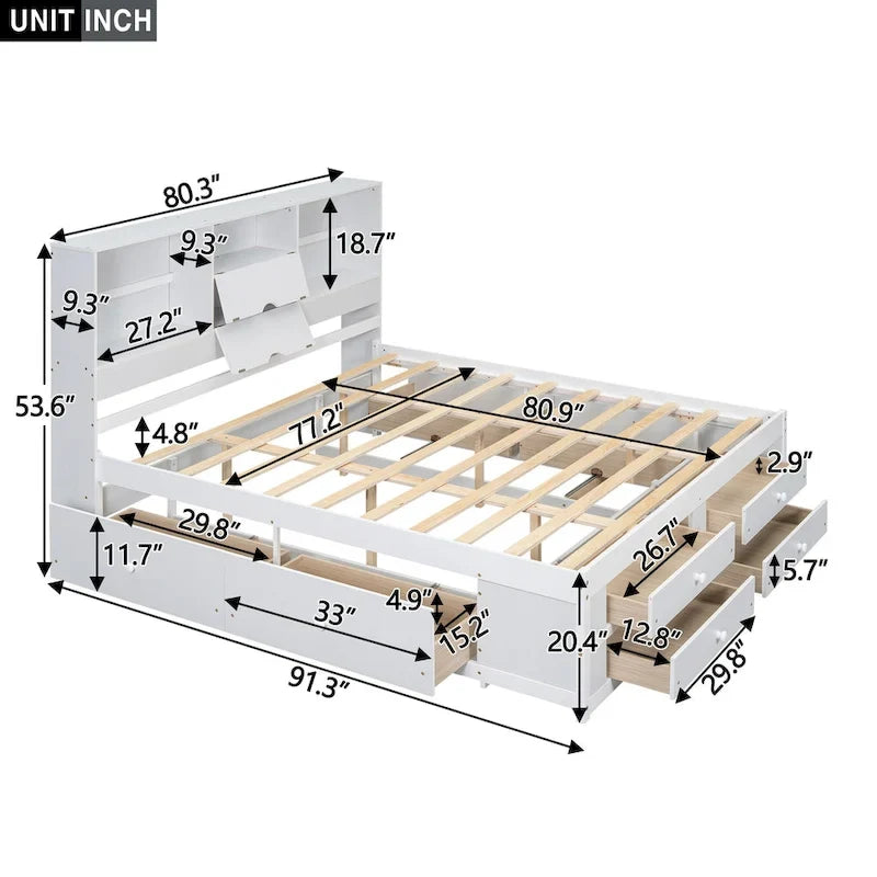 Lit Plateforme Moderne en Bois avec Tête de Lit Rangement et 8 Tiroirs pour Chambre à Coucher